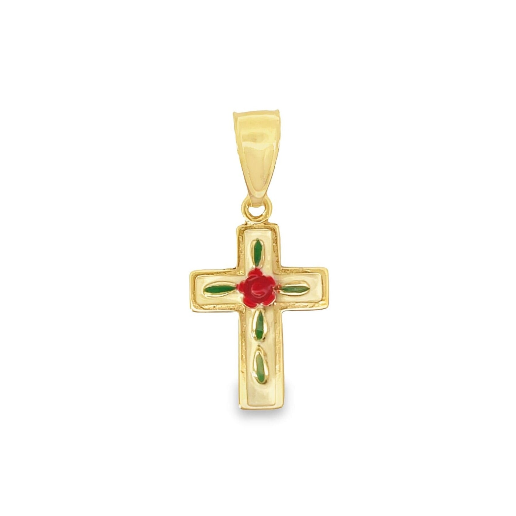 A gold cross pendant features a central red enamel rose surrounded by green leaves against a clean white background.