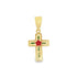 A gold cross pendant features a central red enamel rose surrounded by green leaves against a clean white background.