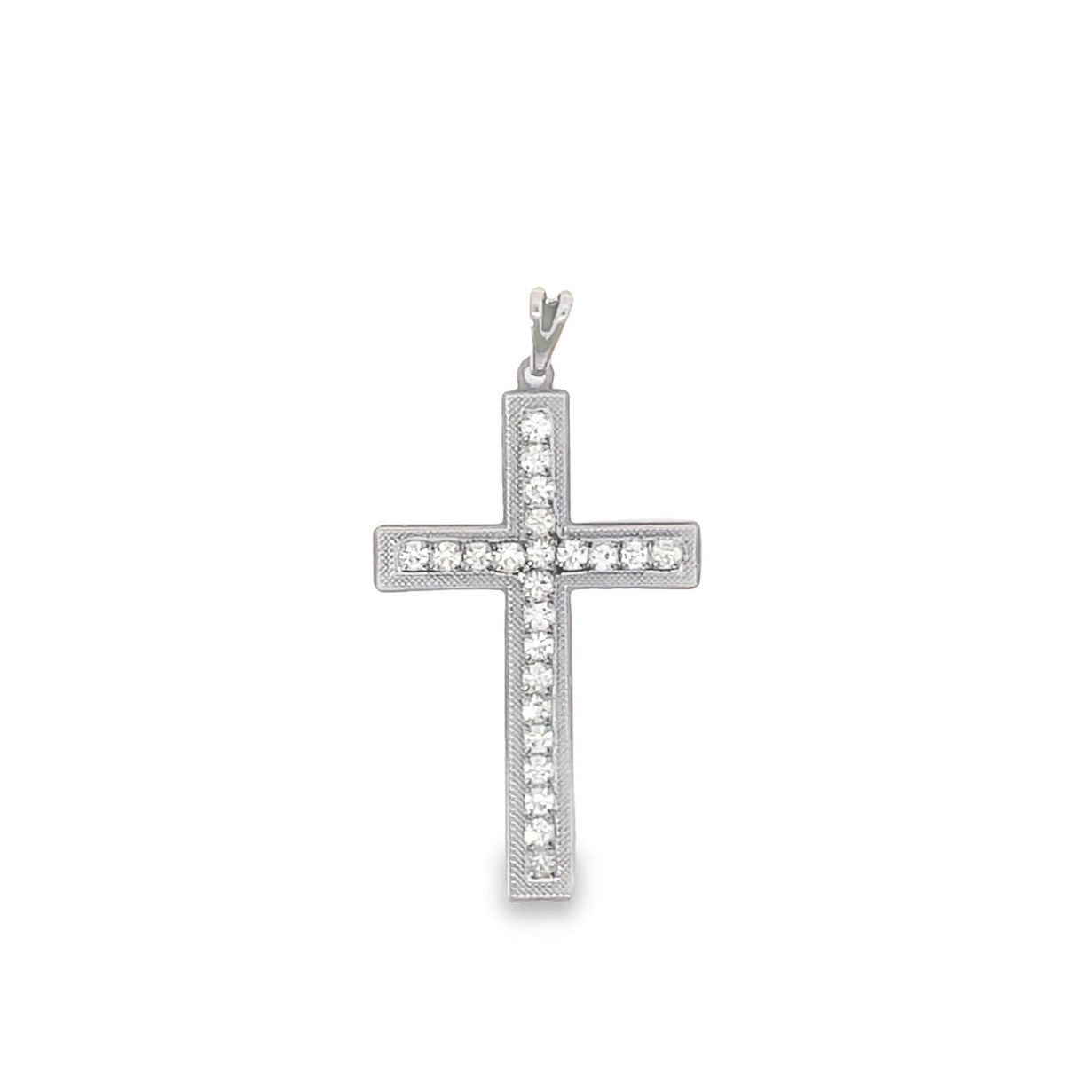 A silver cross pendant sparkles with a vertical row of inlaid diamonds against a white background.