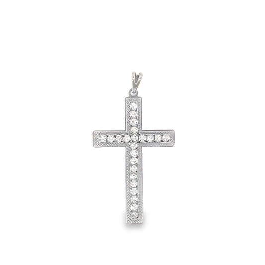 A silver cross pendant sparkles with a vertical row of inlaid diamonds against a white background.