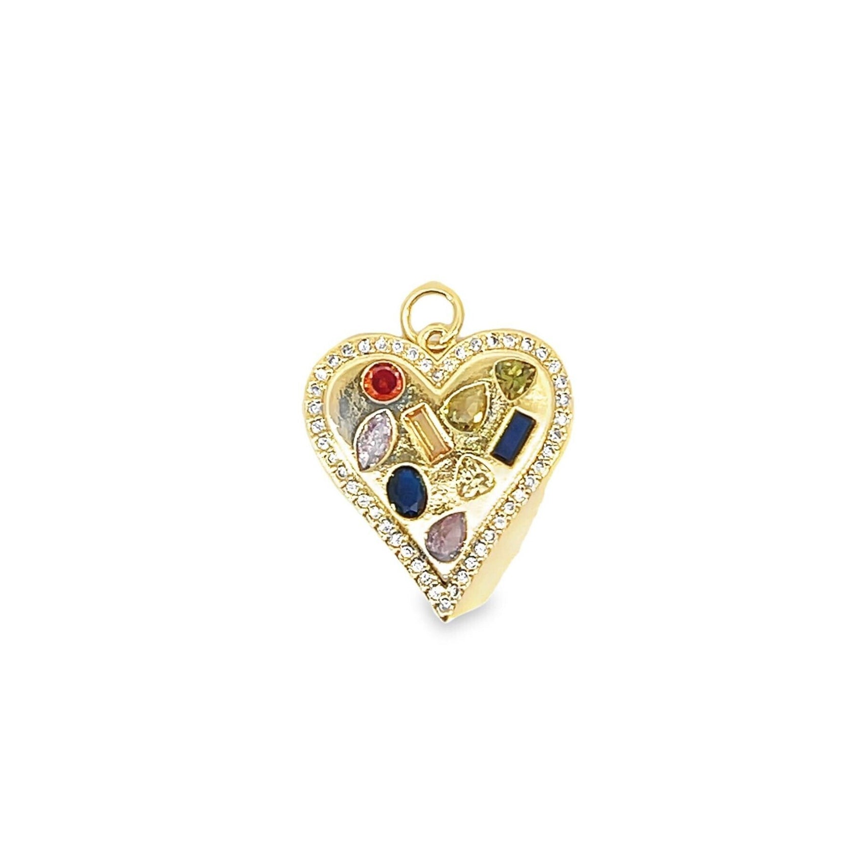 A gold heart pendant encrusted with diamonds features a colorful assortment of multicolored gemstone inlays.