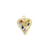 A gold heart pendant encrusted with diamonds features a colorful assortment of multicolored gemstone inlays.