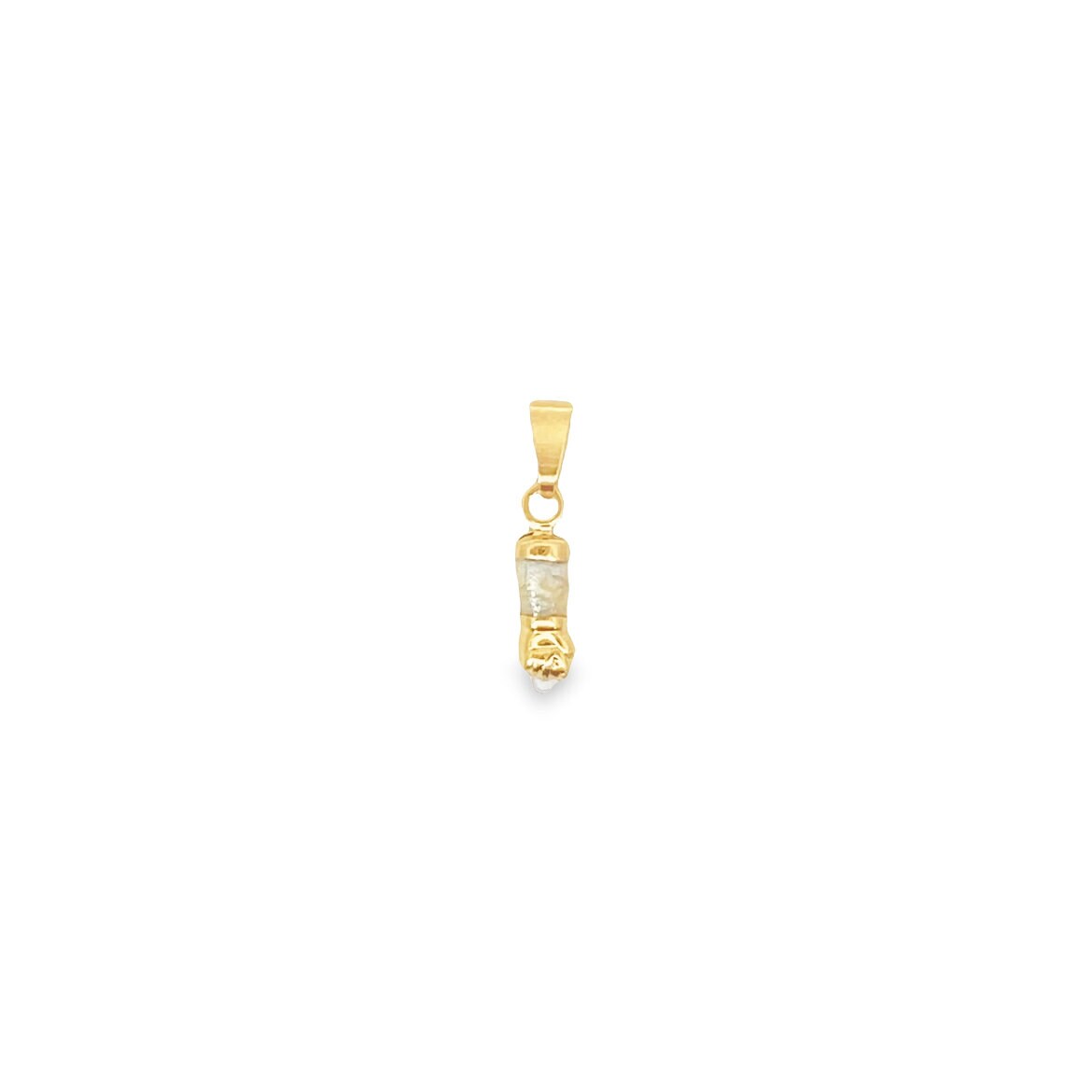 A gold figa amulet pendant displays a clenched fist charm carved from mother-of-pearl against a plain white background.