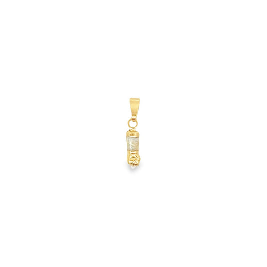 A gold figa amulet pendant displays a clenched fist charm carved from mother-of-pearl against a plain white background.