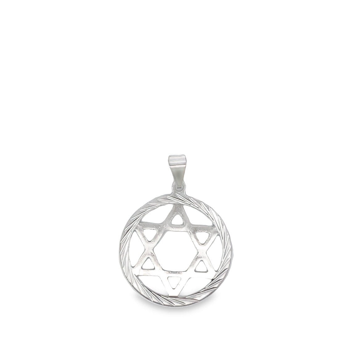 A silver Star of David pendant hangs isolated against a white background.