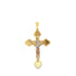 A detailed yellow gold crucifix pendant features a white gold figure of Jesus against a plain white background.