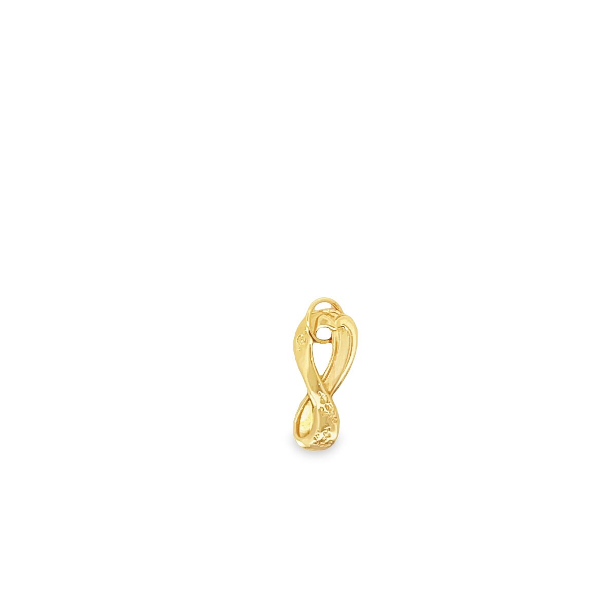 A polished gold infinity pendant gleams against a clean white background.