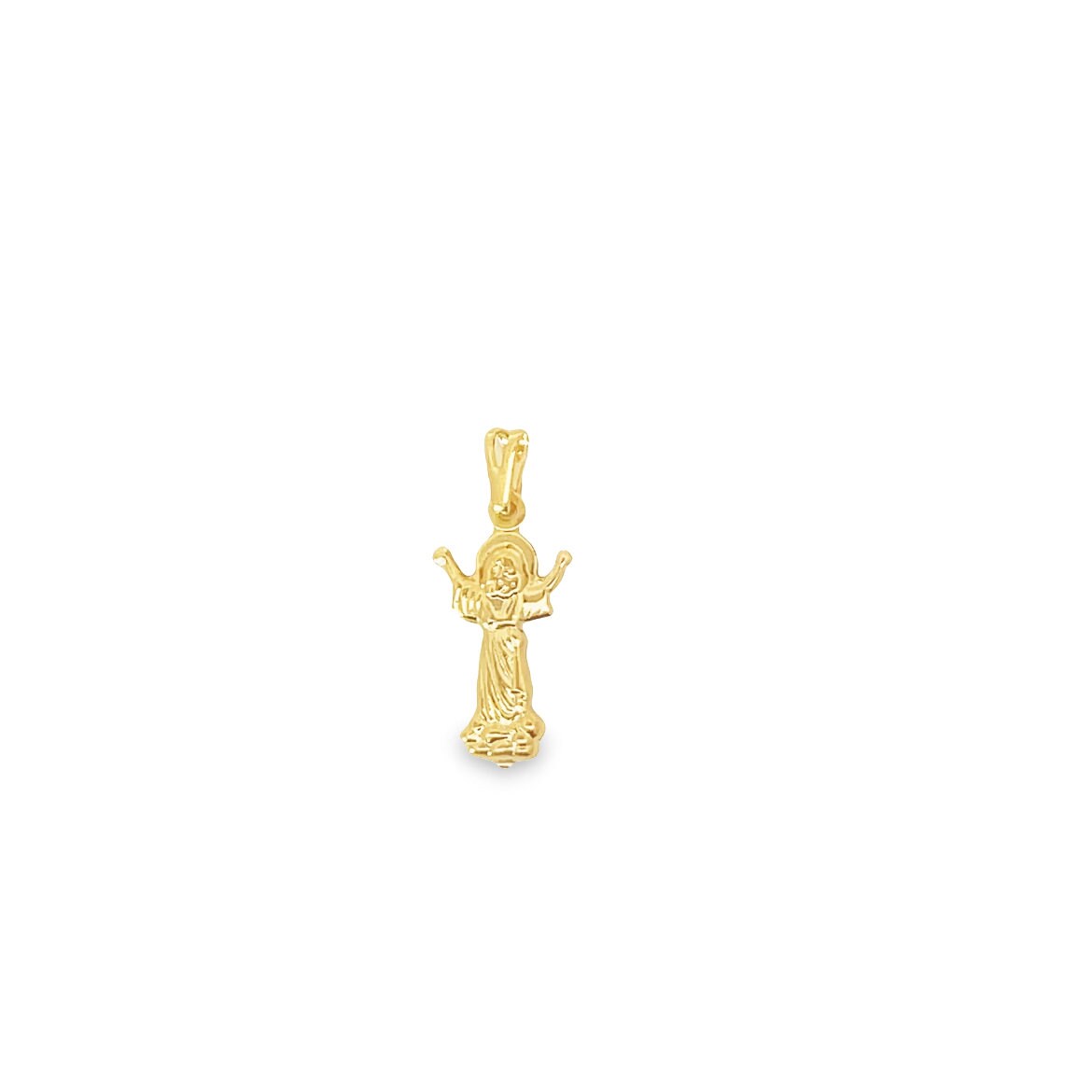 A small gold Jesus pendant features a detailed figure of Christ with outstretched arms.