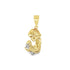 A gold pendant depicts the Virgin Mary tenderly holding the baby Jesus against a plain white background.