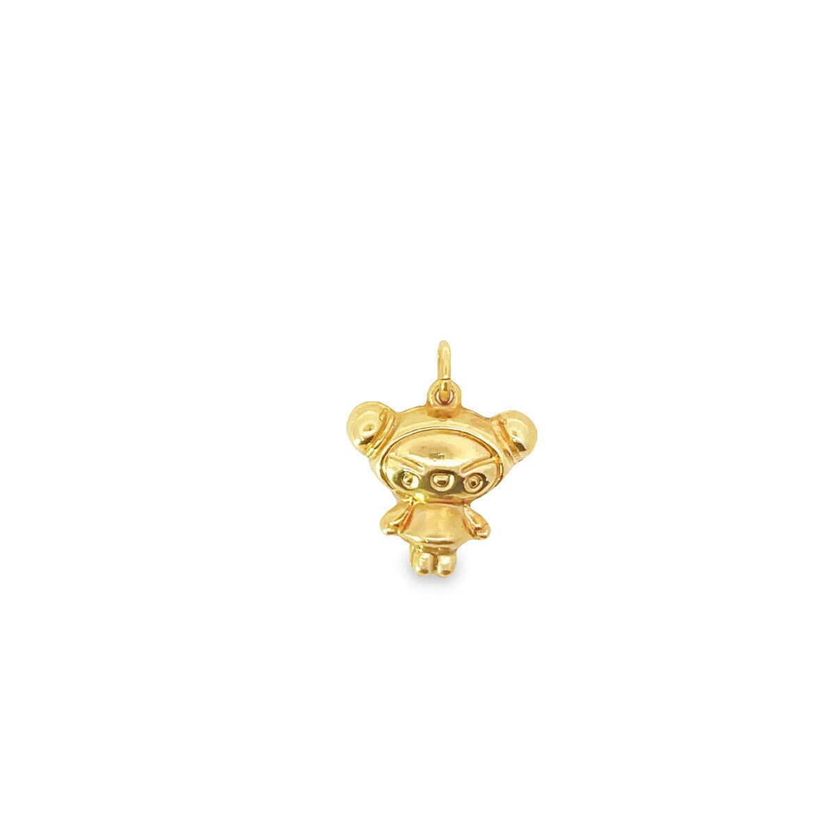 A shiny gold pendant in the shape of a cute cartoon character hangs against a plain white background.