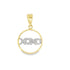 A gold and diamond-accented XOXO circle pendant gleams against a plain white background.