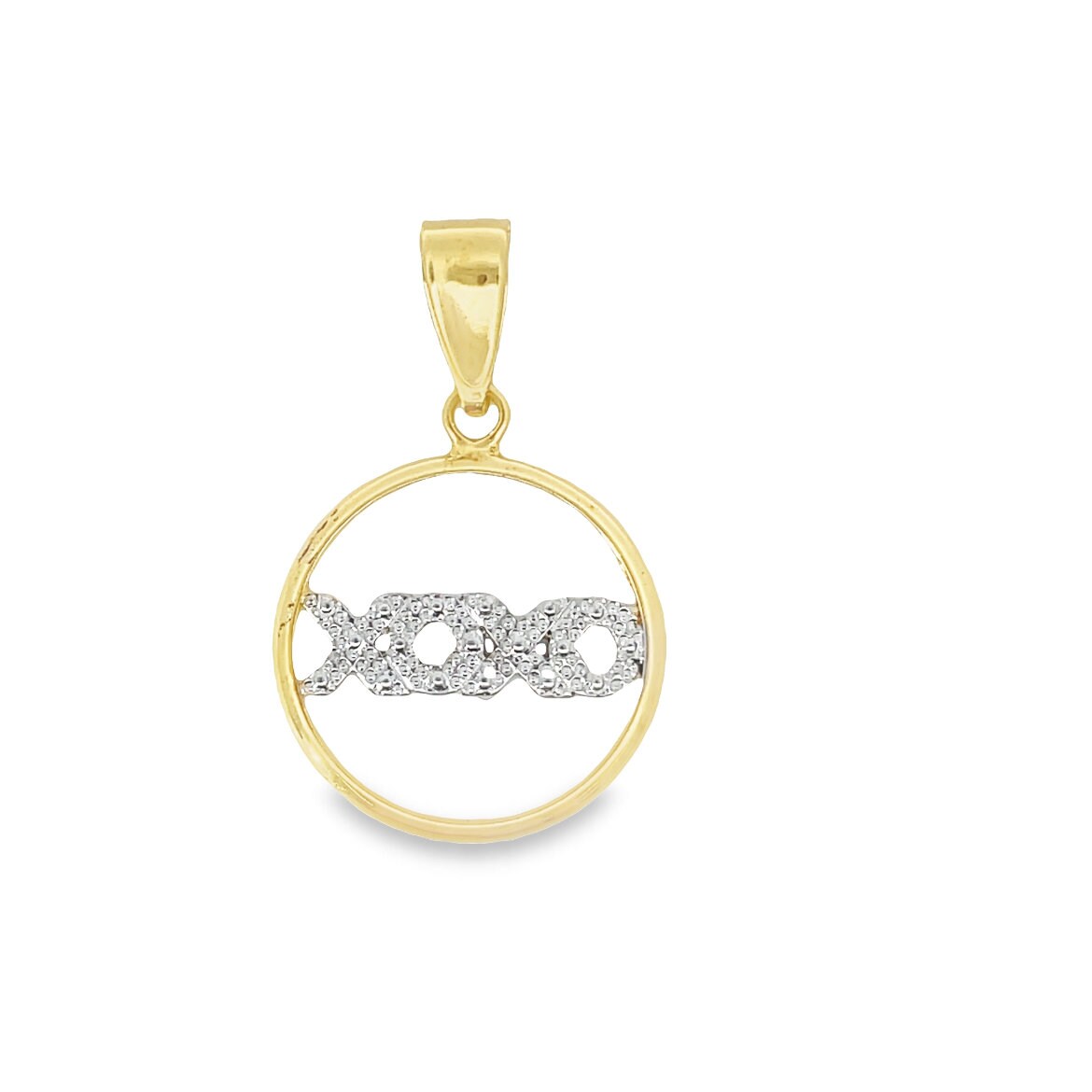 A gold and diamond-accented XOXO pendant hangs against a clean white background.