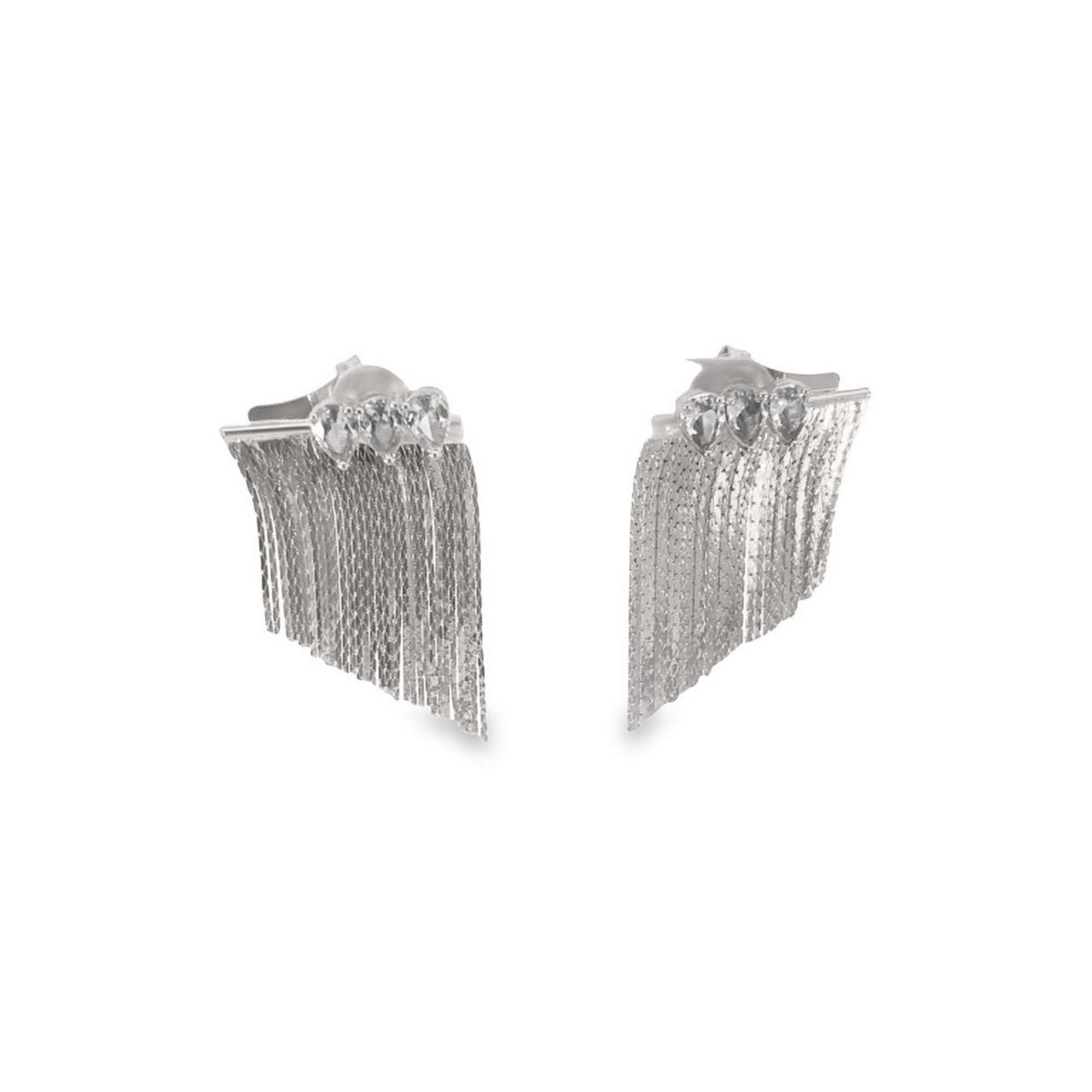 A pair of silver fringe earrings sparkle against a clean white background, showcasing their cascading chain design adorned with tiny cubic zirconia stones.