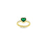 A gold ring features a central heart-shaped green emerald flanked by sparkling diamonds along the band.