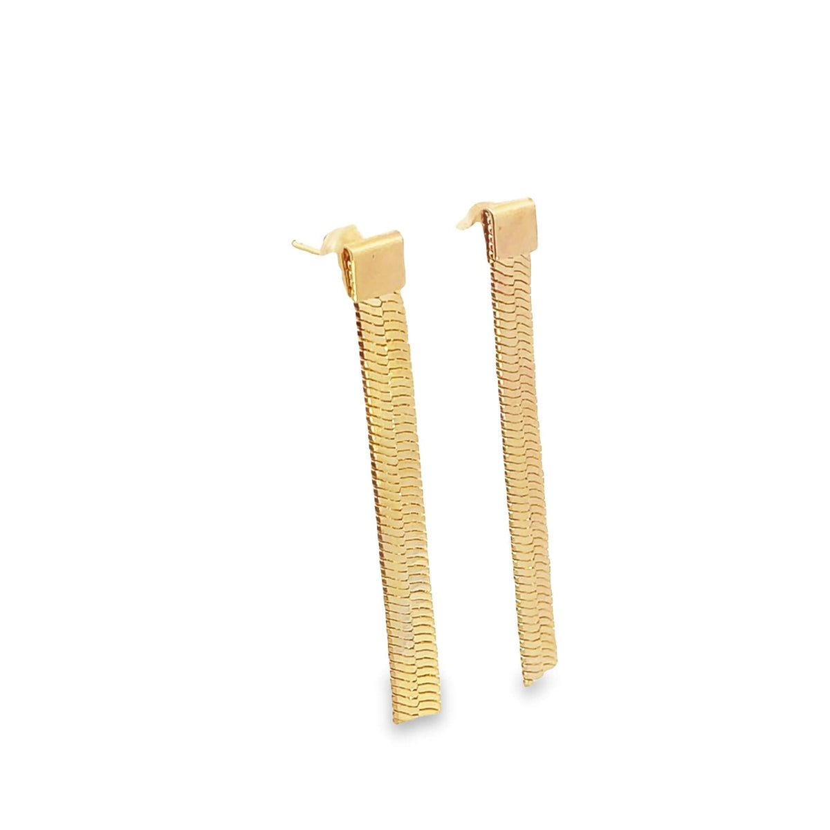 A pair of elegant gold herringbone chain drop earrings dangle against a clean white background.