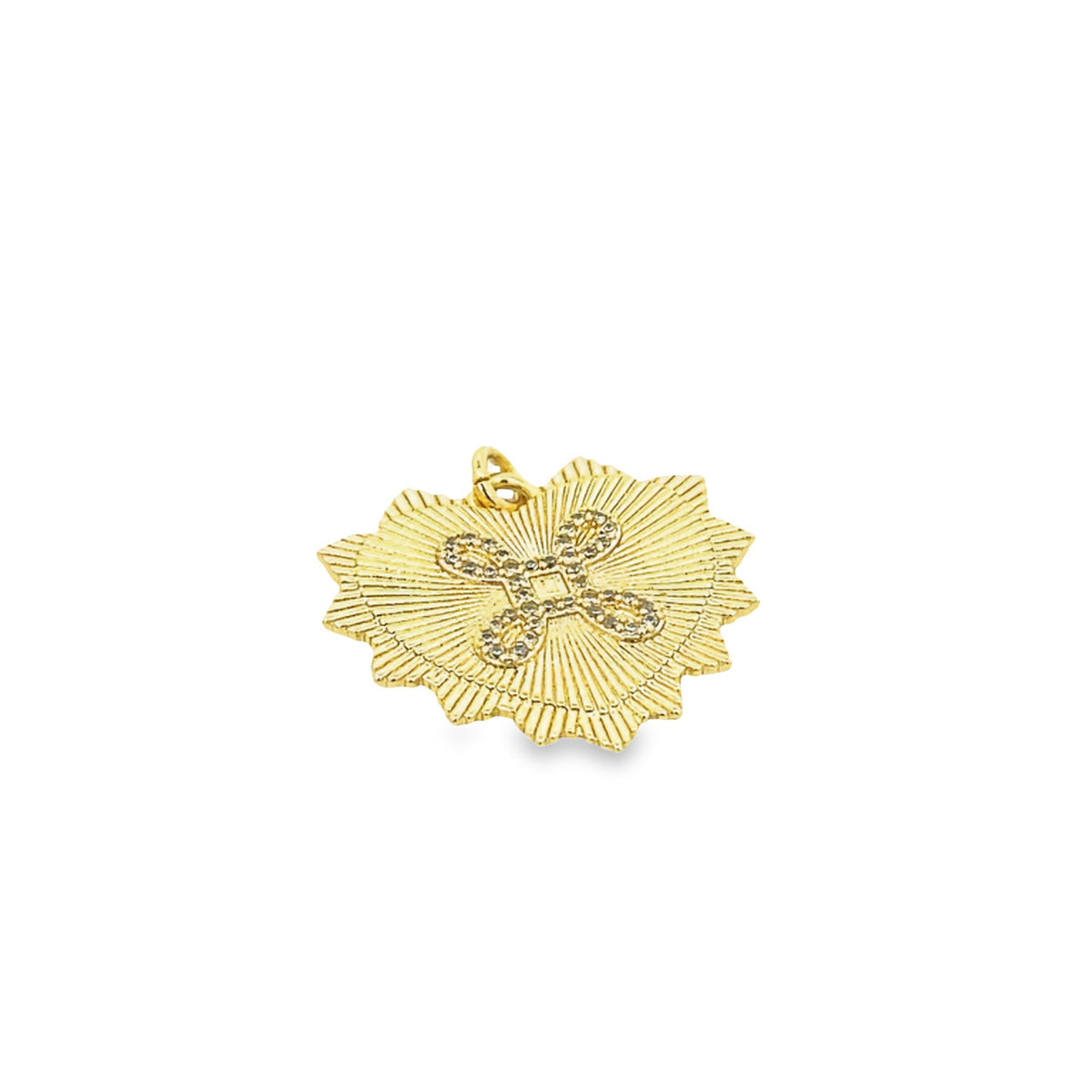 A textured gold heart pendant featuring a sparkling diamond-encrusted knot design rests against a plain white background.