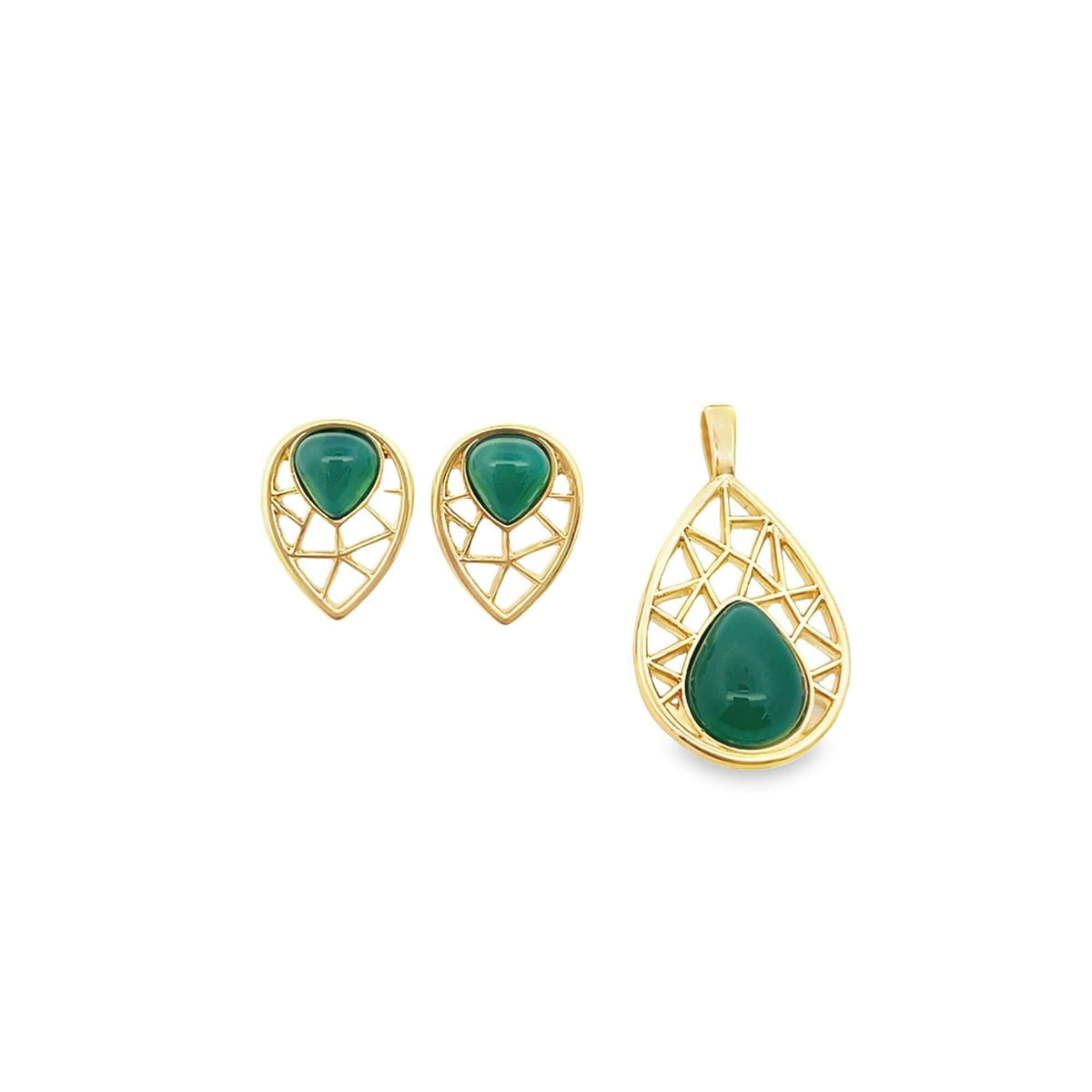 A matching jewelry set features a gold teardrop pendant and matching earrings with intricate geometric wirework framing vibrant green stones against a clean white background.