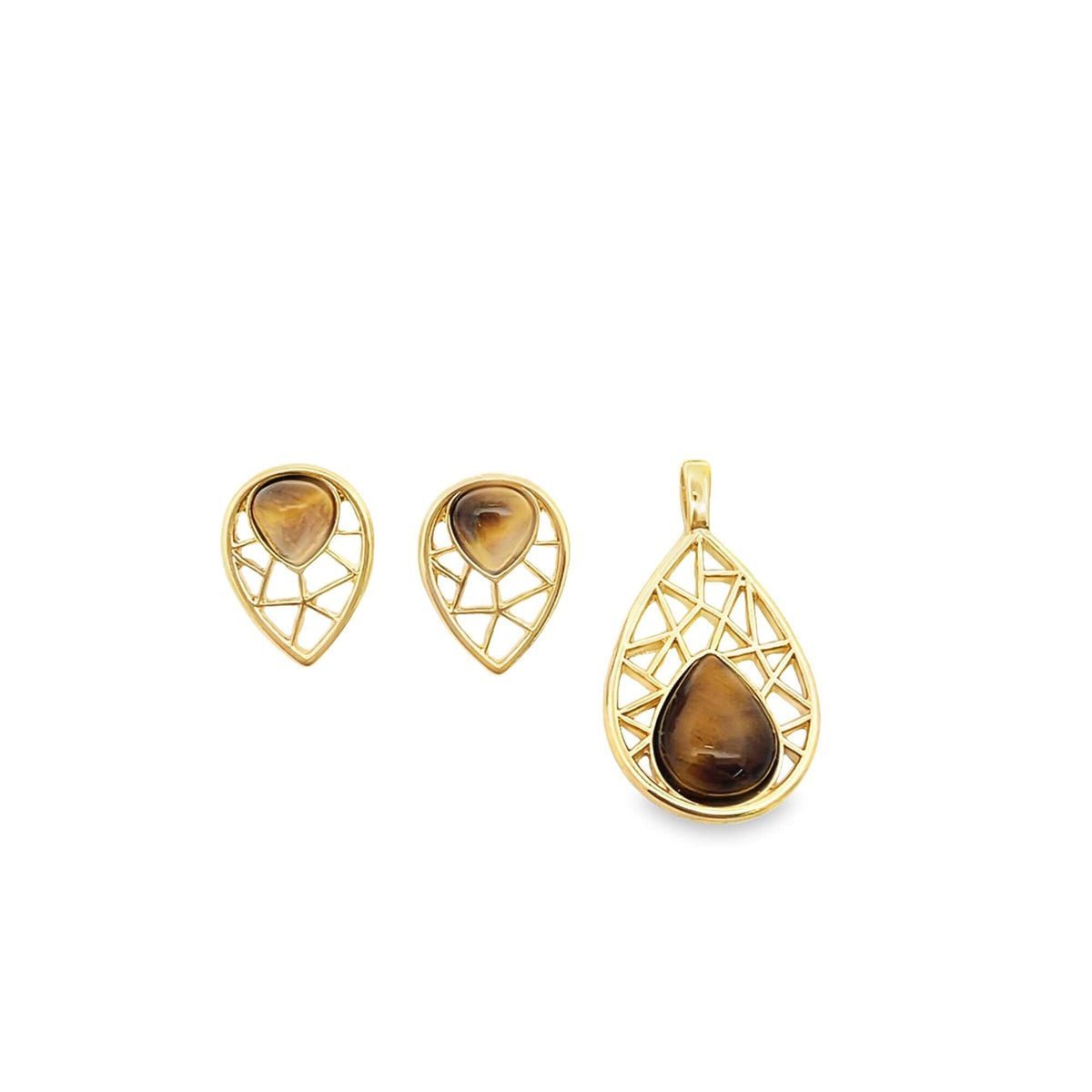 A matching gold jewelry set features geometric teardrop earrings and a pendant inlaid with polished brown tiger's eye gemstones against a clean white background.