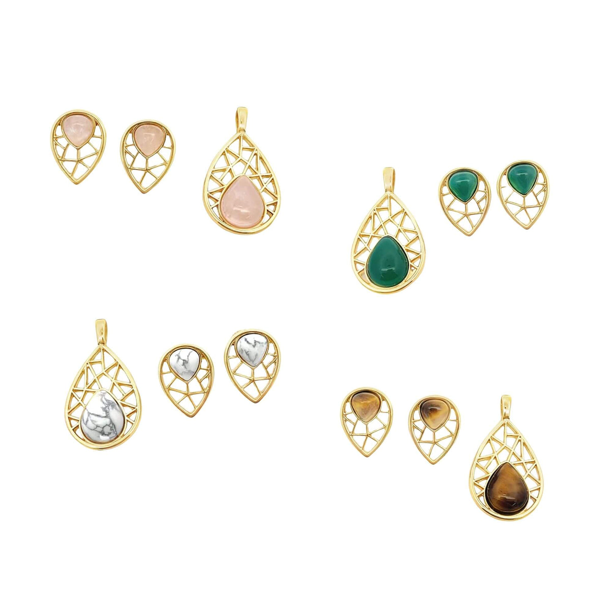 Four matching sets of gold-plated jewelry feature teardrop pendants and earrings with geometric openwork designs and colorful gemstones in pink, green, white marble, and brown.