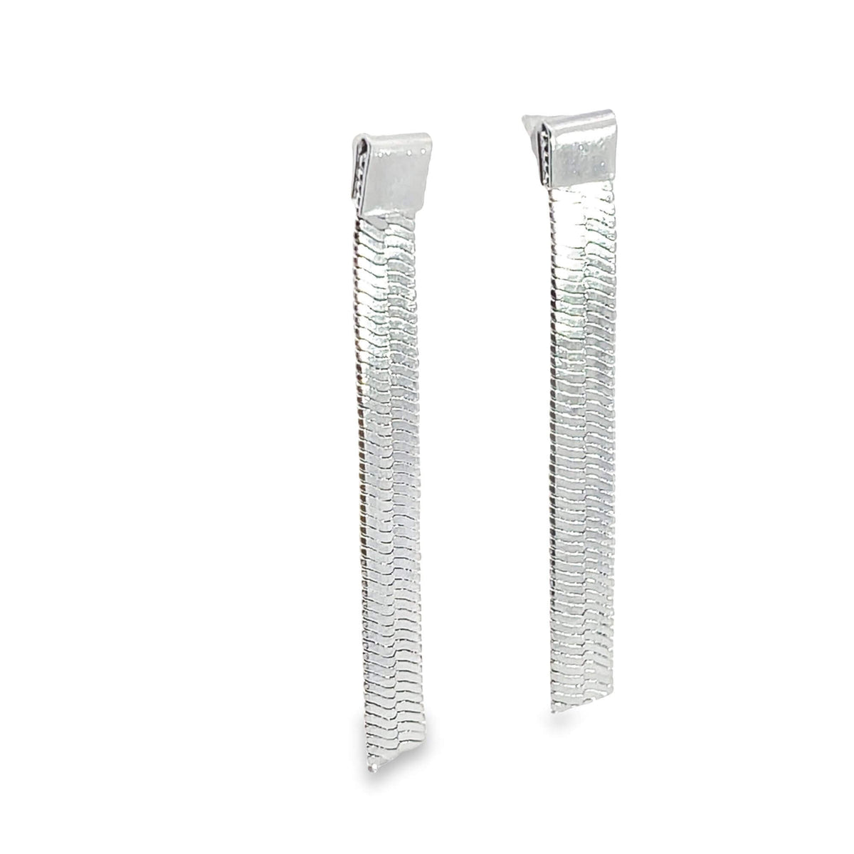 A pair of sleek silver tassel chain drop earrings gleams against a clean white background.