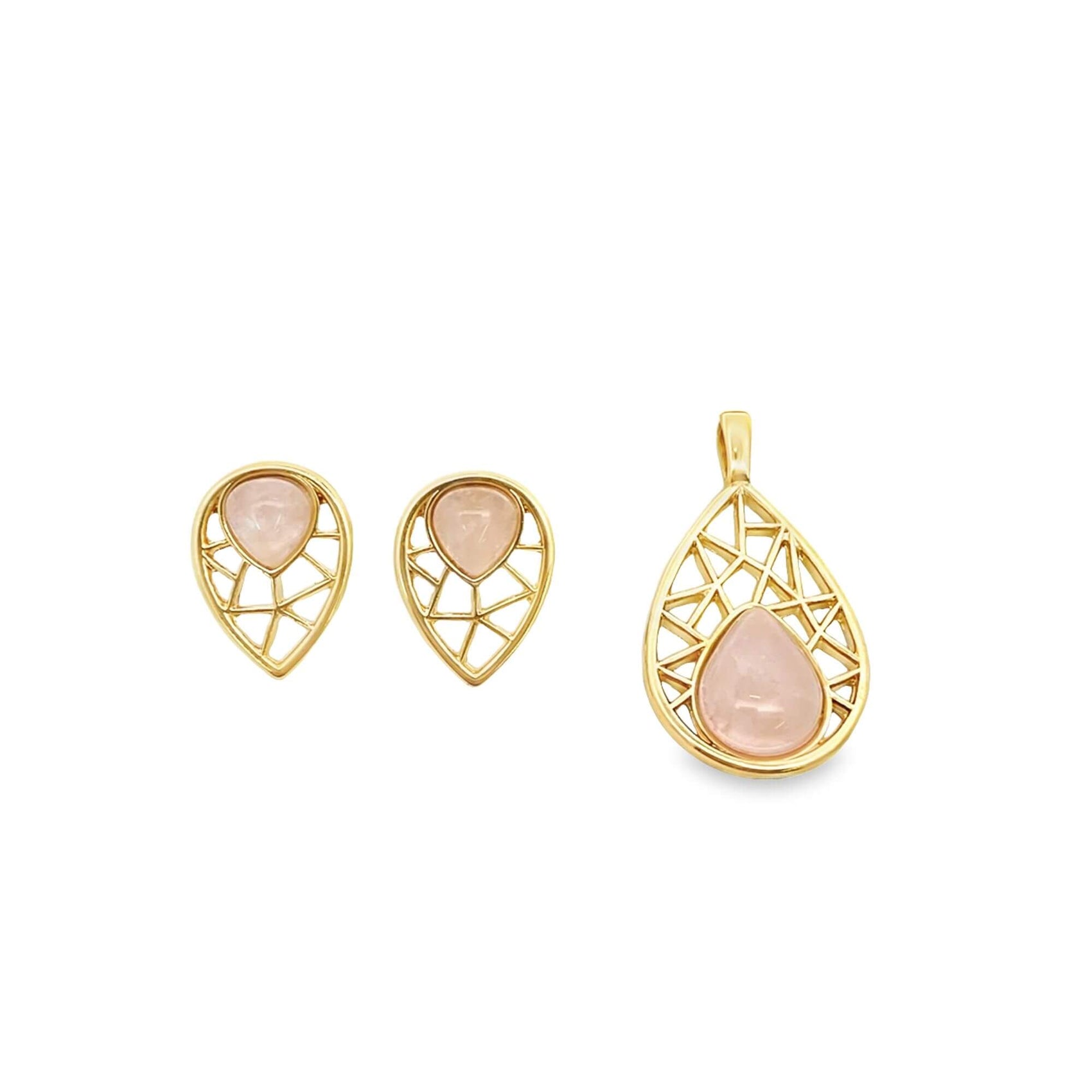 A matching gold jewelry set features teardrop-shaped earrings and a pendant with geometric filigree frames holding polished rose quartz stones.