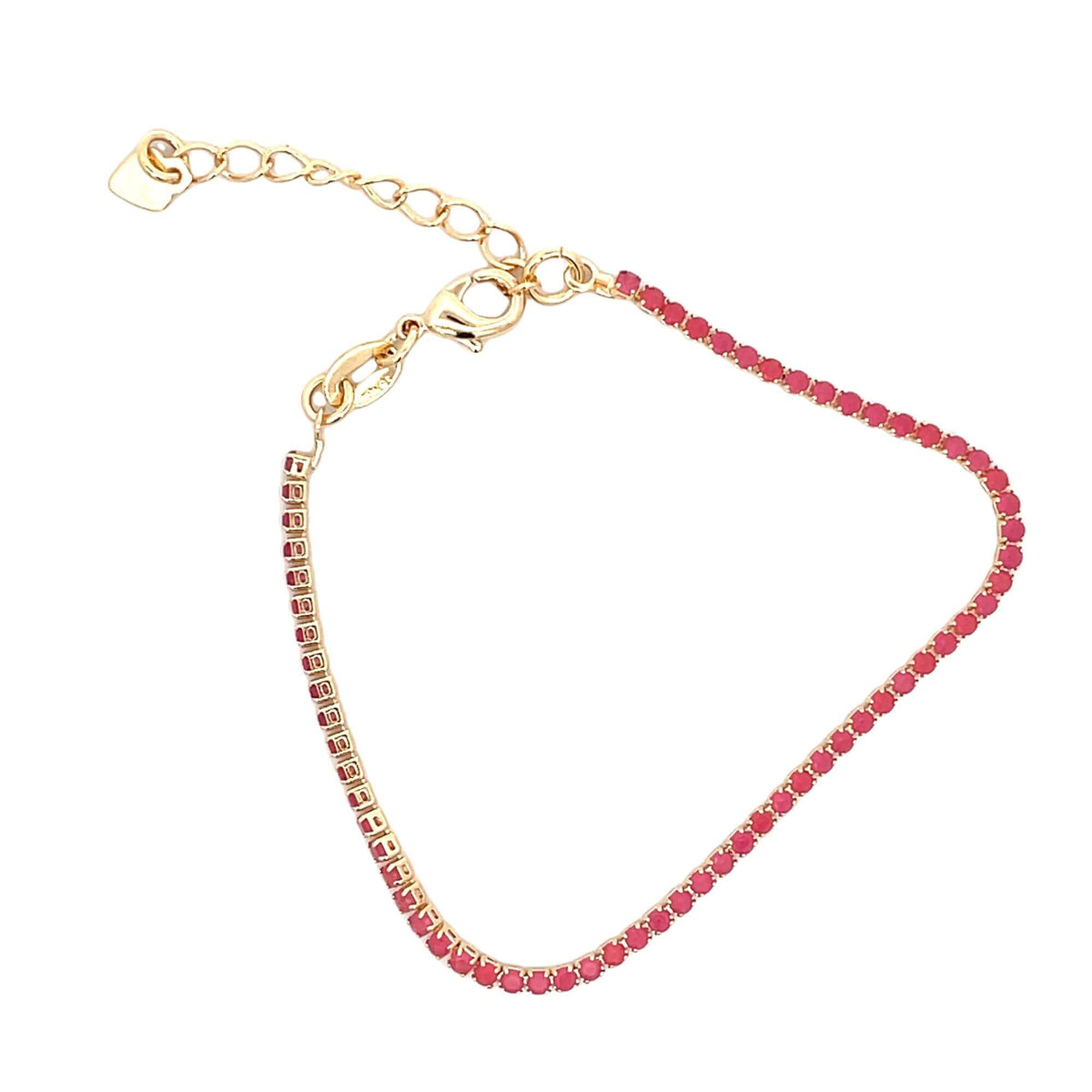 A gold-plated tennis bracelet features a continuous line of vibrant pink crystal stones and an adjustable lobster clasp.