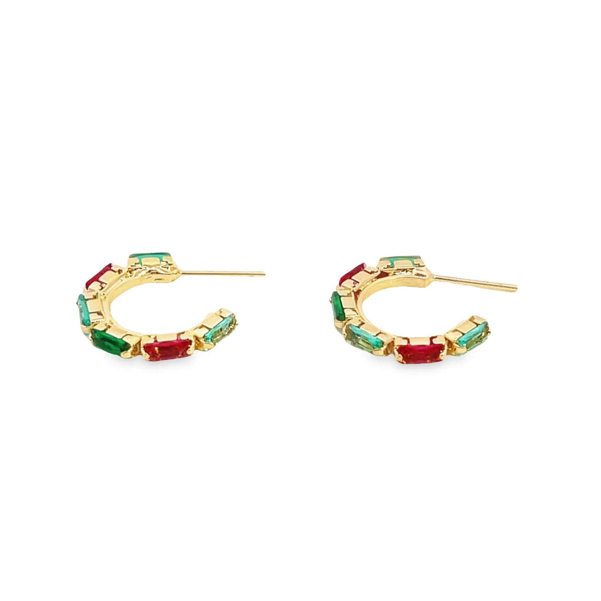 A pair of gold hoop earrings features alternating green and red rectangular gemstones against a clean white background.