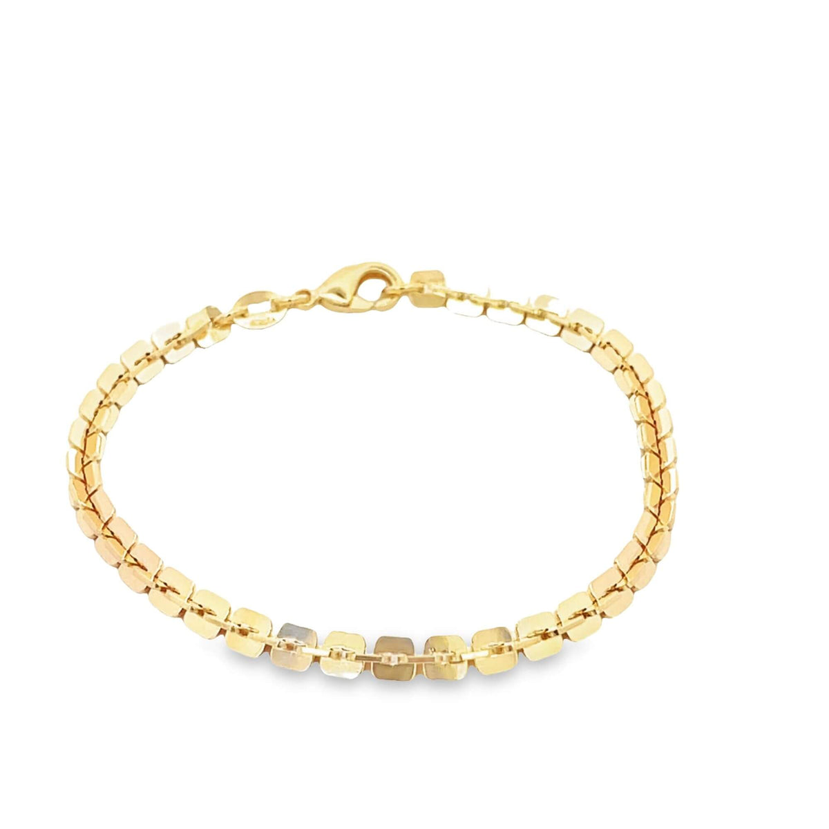 A delicate gold link bracelet rests against a plain white background, showcasing its interwoven square links and secure lobster clasp.