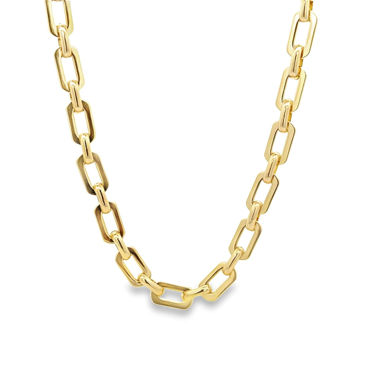 A shiny gold paperclip chain necklace displays interlocking rectangular links against a white background.