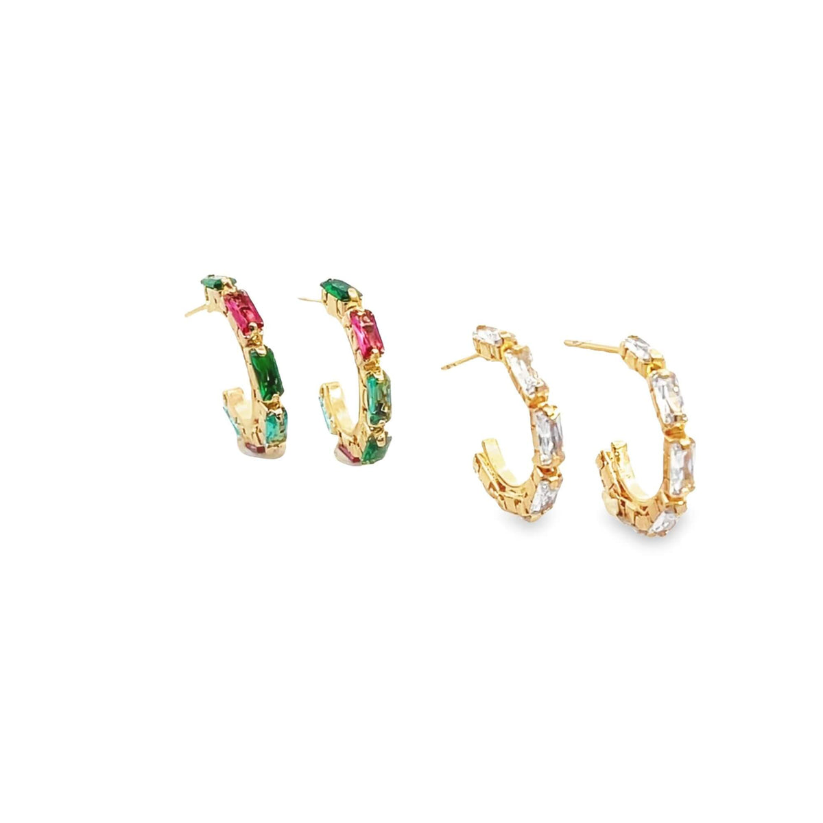 Two pairs of gold hoop earrings studded with colorful baguette and white cubic zirconia crystals sparkle against a clean white background.