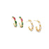 Two pairs of gold hoop earrings studded with colorful baguette and white cubic zirconia crystals sparkle against a clean white background.