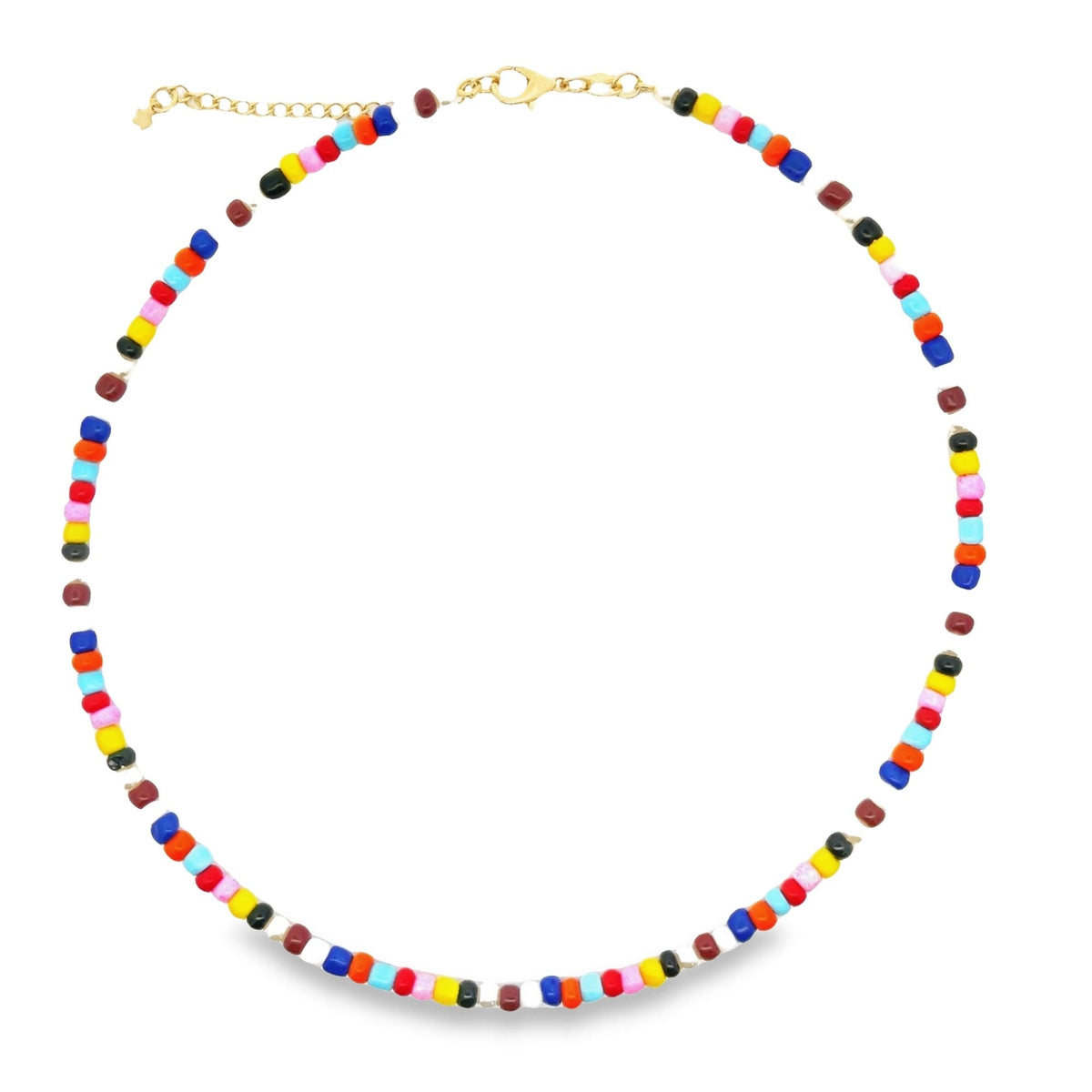 A vibrant beaded choker necklace features a colorful arrangement of small, multi-colored glass beads on a gold chain against a white background.