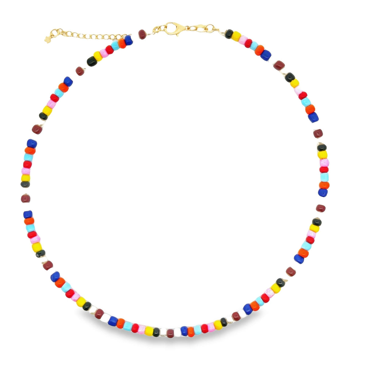 A vibrant multicolored beaded necklace rests in a circle on a white background, showcasing an array of bright gemstone beads.