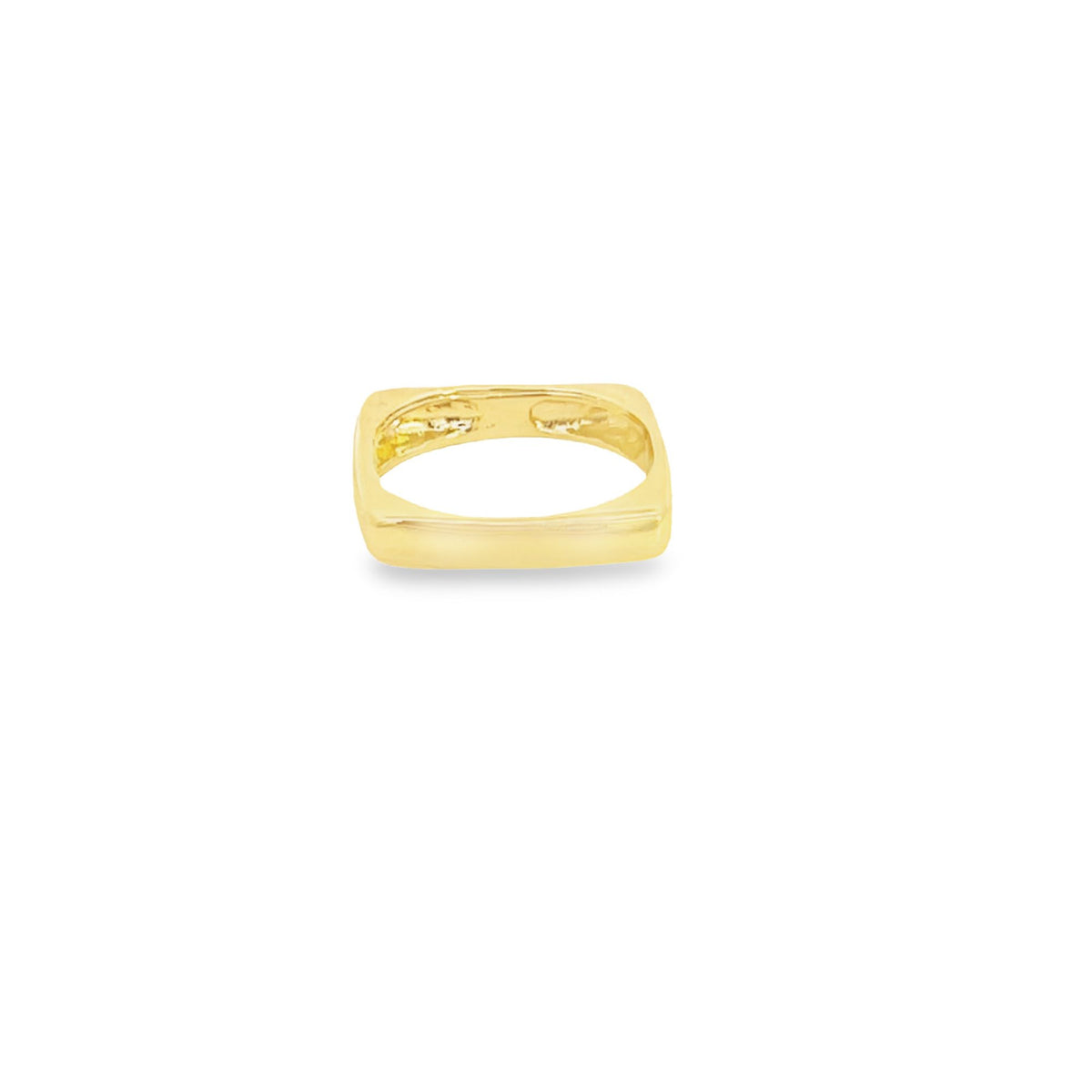 A minimalist gold square ring rests against a plain white background, showcasing its sleek and modern geometric design.