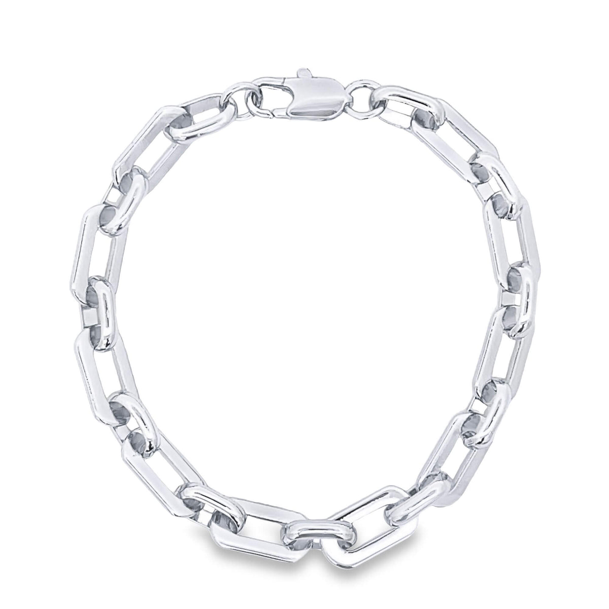 A polished silver paperclip chain bracelet gleams against a white background, fastened securely with a lobster claw clasp.