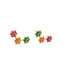 A pair of gold climber earrings sparkles with multicolored crystal flowers in shades of pink, orange, and green against a white background.