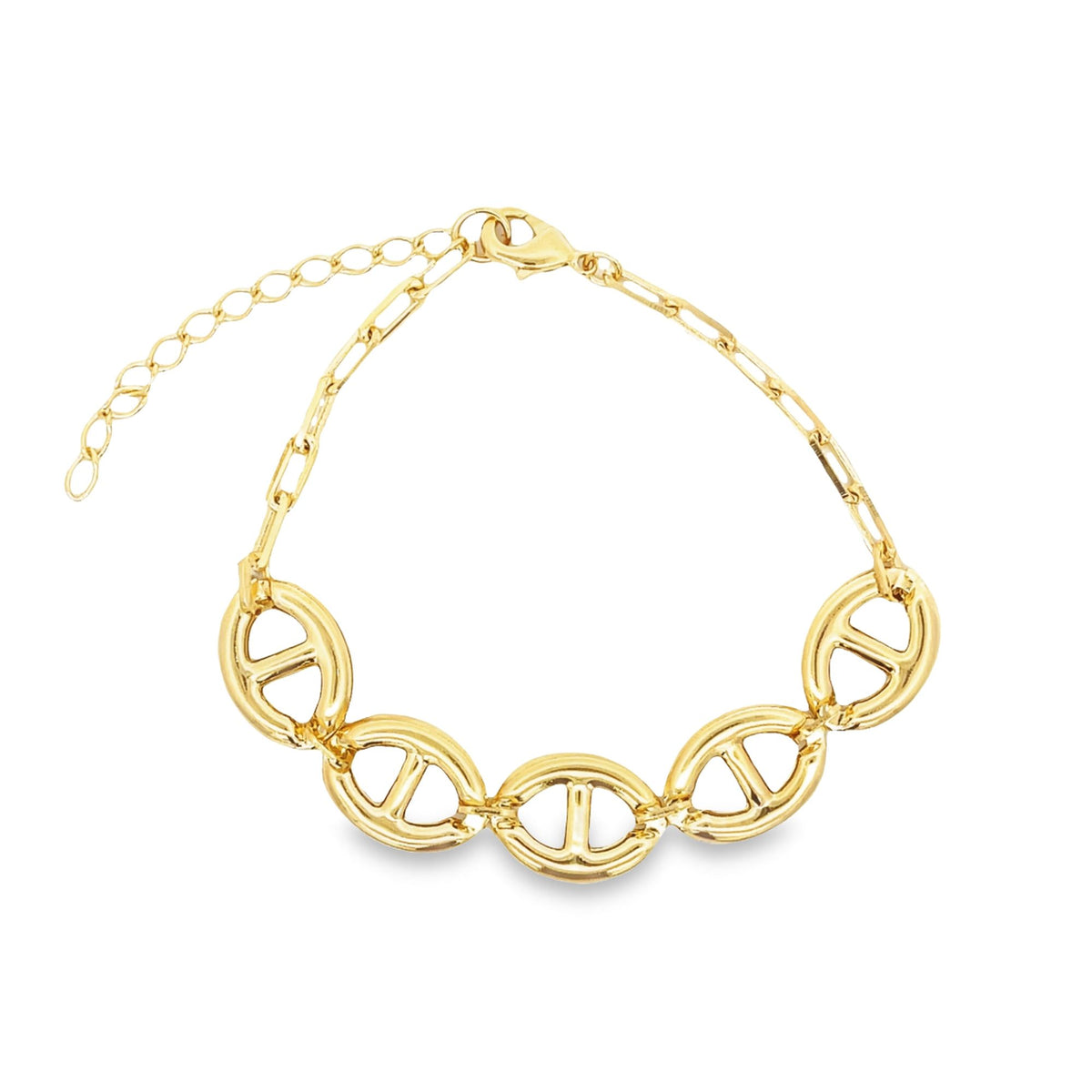A gold-plated link bracelet featuring alternating oval anchor-style charms and a delicate extender chain rests against a clean white background.