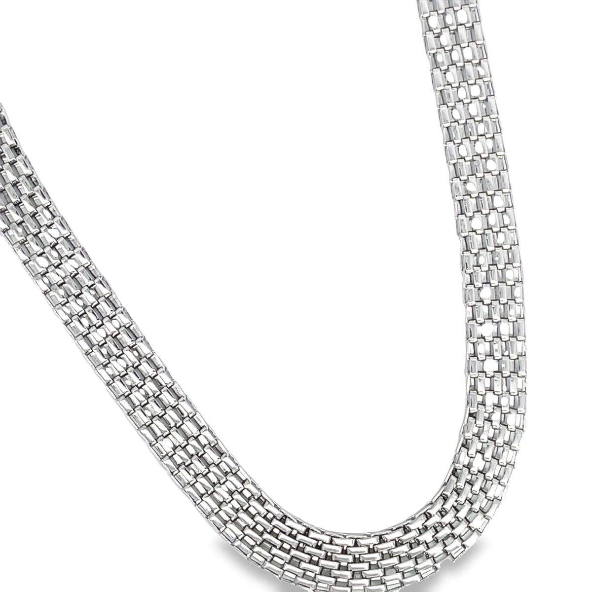 A wide, polished sterling silver mesh necklace displays its intricate brick-link pattern against a clean white background.