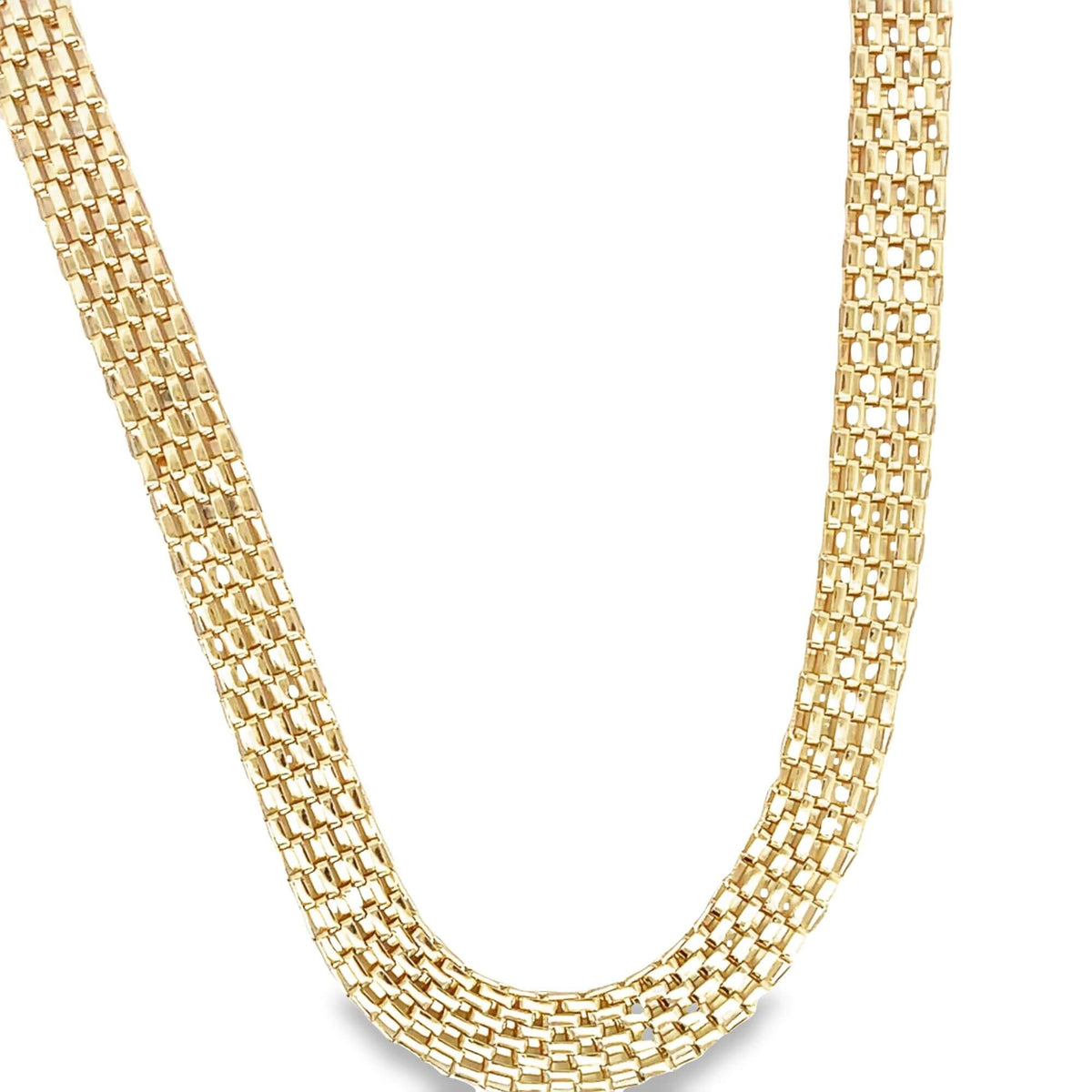 A wide, shimmering yellow gold mesh necklace curves gracefully against a clean white background.