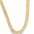 A wide, shimmering yellow gold mesh necklace curves gracefully against a clean white background.