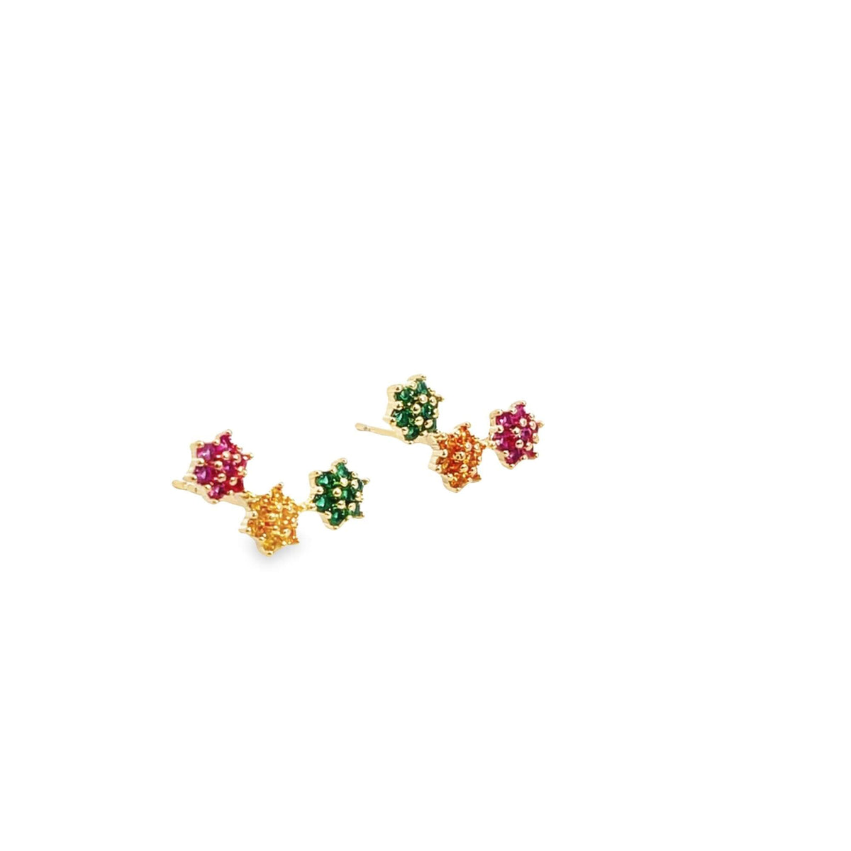 A pair of gold climber earrings features multicolored flower-shaped clusters of gemstones in pink, orange, and green.