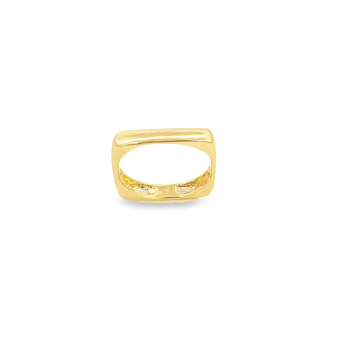 A sleek gold ring features a unique rectangular design with a polished finish.