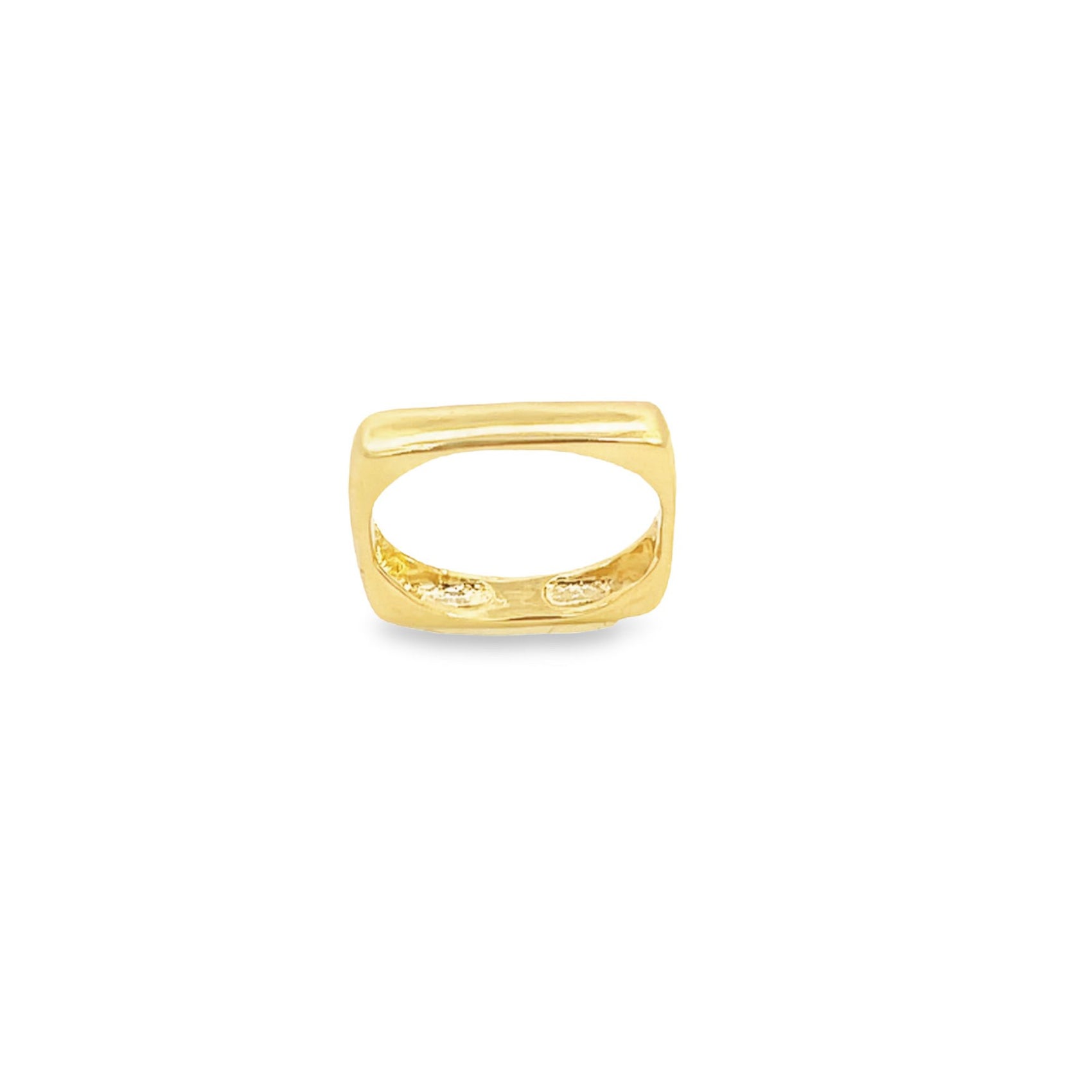 A sleek gold ring features a unique rectangular design with a polished finish.