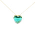 A gold chain necklace displays a large, faceted green heart-shaped crystal pendant against a plain white background.