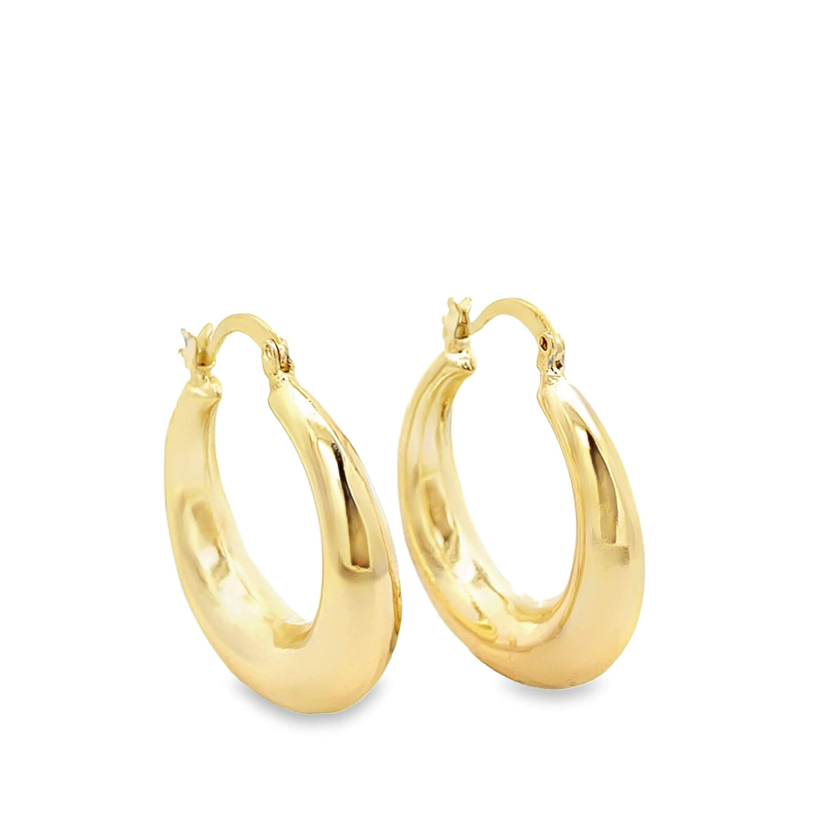 A pair of polished gold hoop earrings displays a sleek, tapered design against a clean white background.
