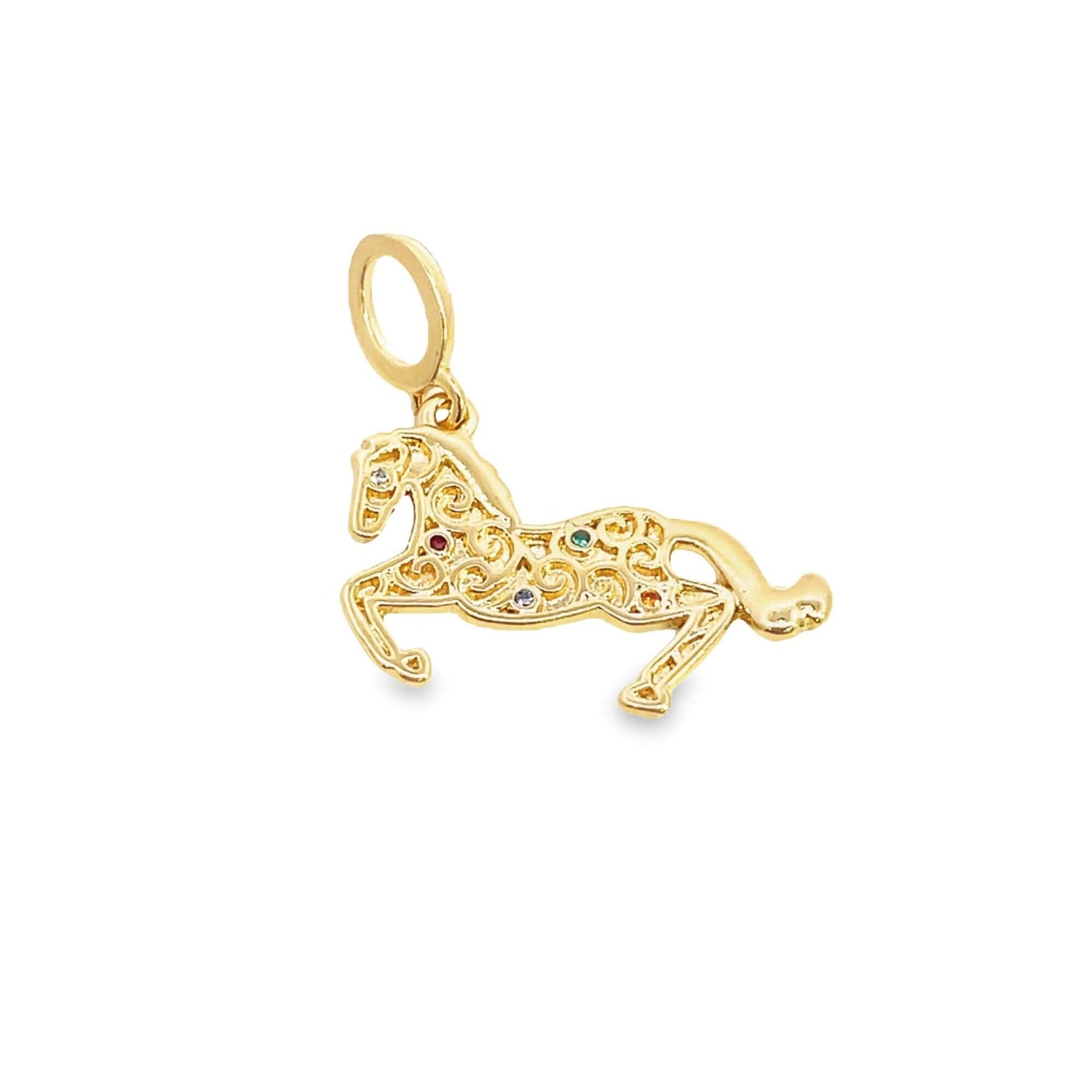 A gold horse charm features intricate filigree designs and colorful gemstone accents.
