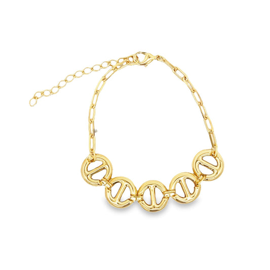 A gold chain bracelet features five interlocking circular designer-style charms and an adjustable extension chain against a clean white background.