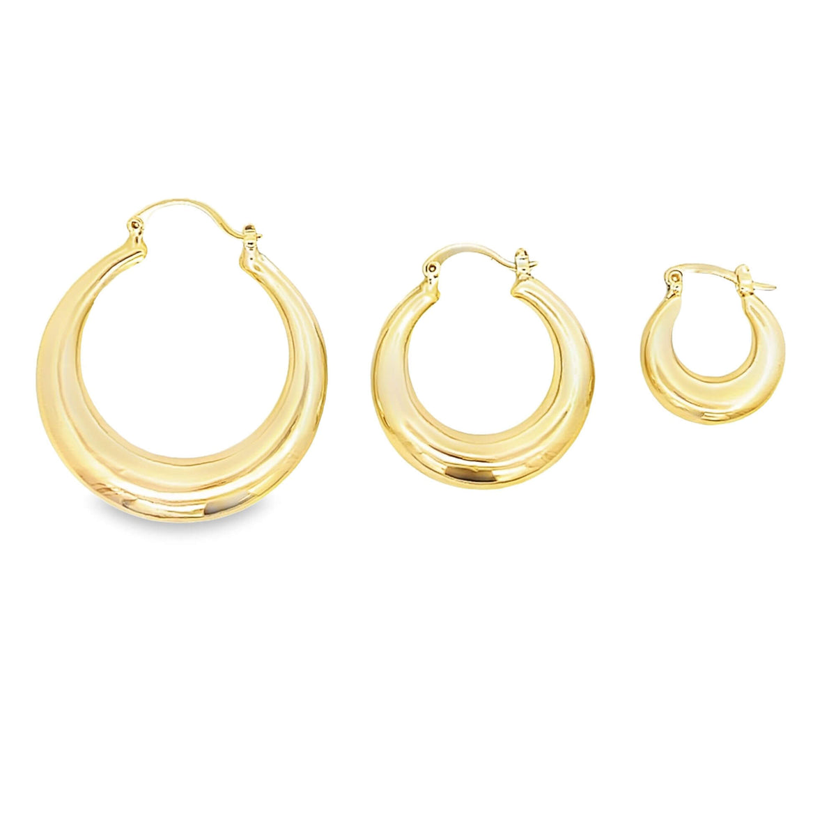 Three graduated sizes of polished gold hoop earrings display a shiny, thick design against a plain white background.