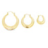 Three graduated sizes of polished gold hoop earrings display a shiny, thick design against a plain white background.