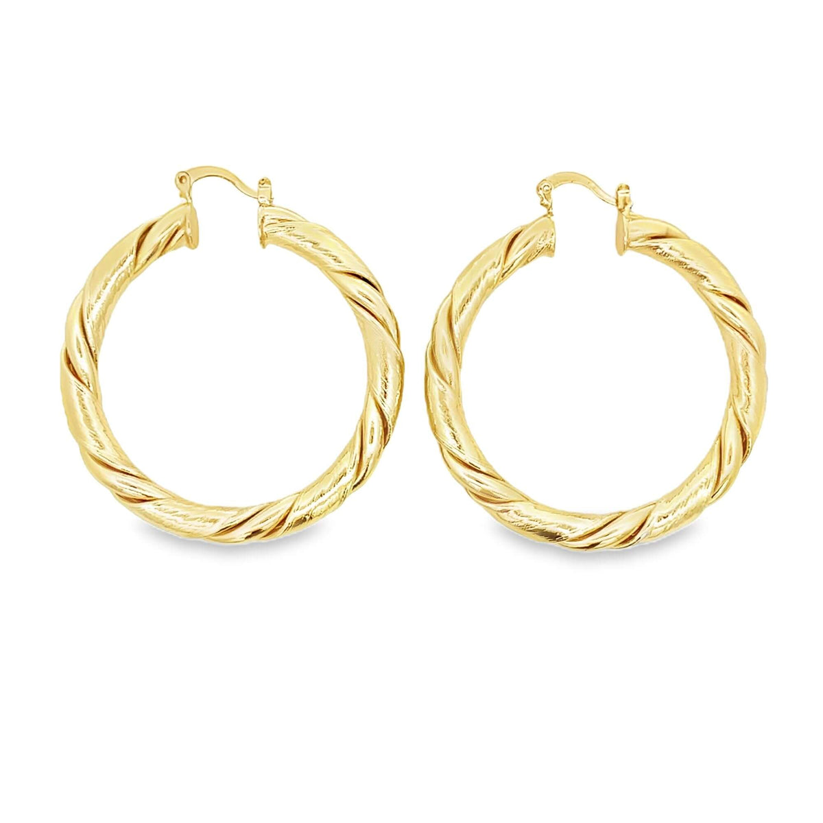 A pair of polished gold twist hoop earrings glimmers against a clean white background.